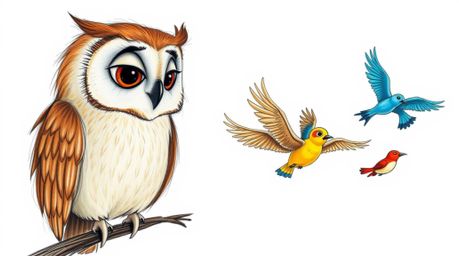 A heartwarming hand-drawn sketch in the style of Pixar depicts a gentle, blind owl with soft, feathery textures teaching a vi