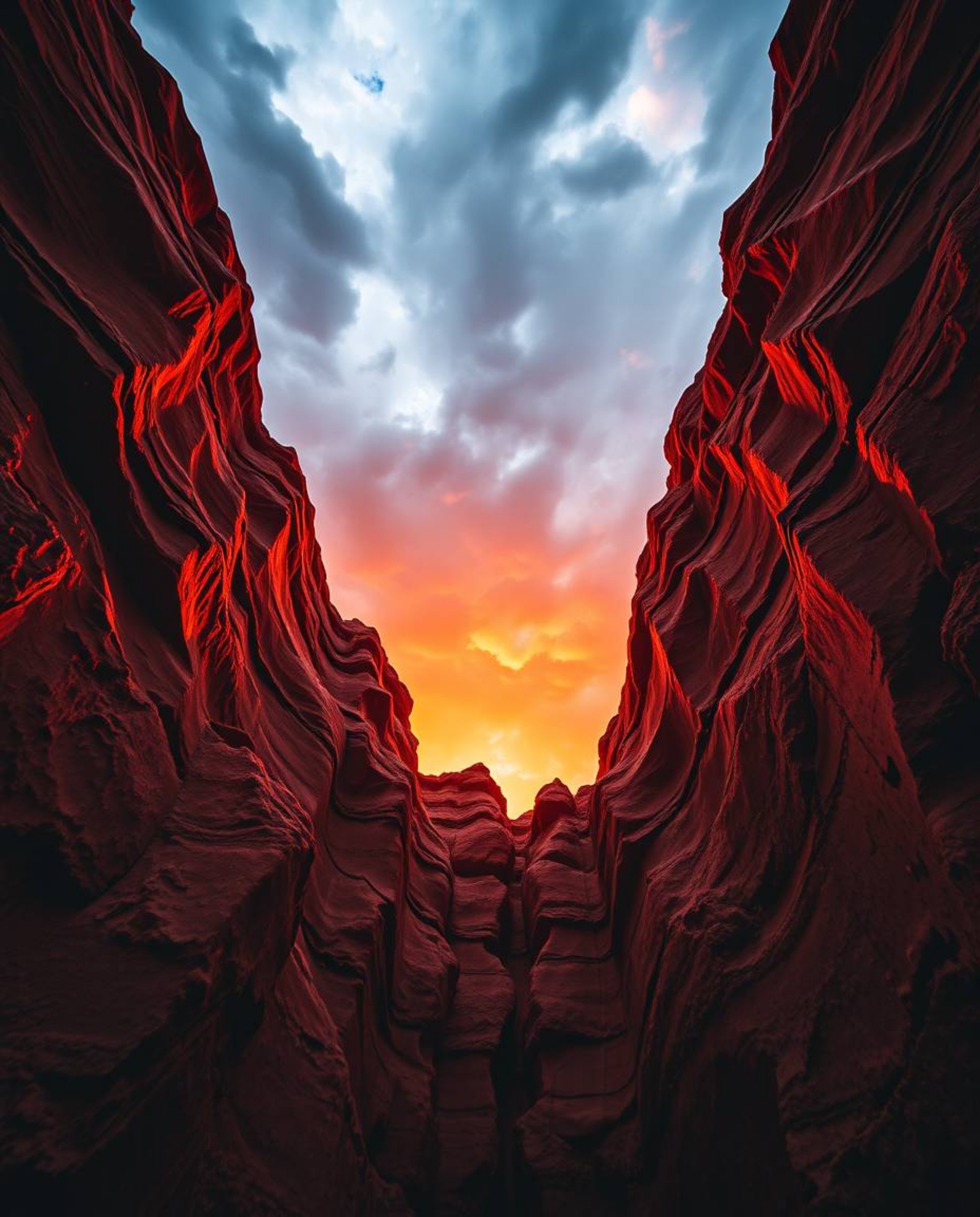 This image captures a sunset illuminating sandstone cliffs from a dramatic low-angle perspective, looking upwards towards the