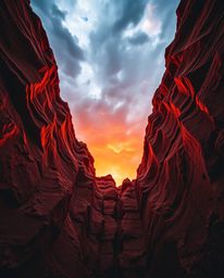 This image captures a sunset illuminating sandstone cliffs from a dramatic low-angle perspective, looking upwards towards the