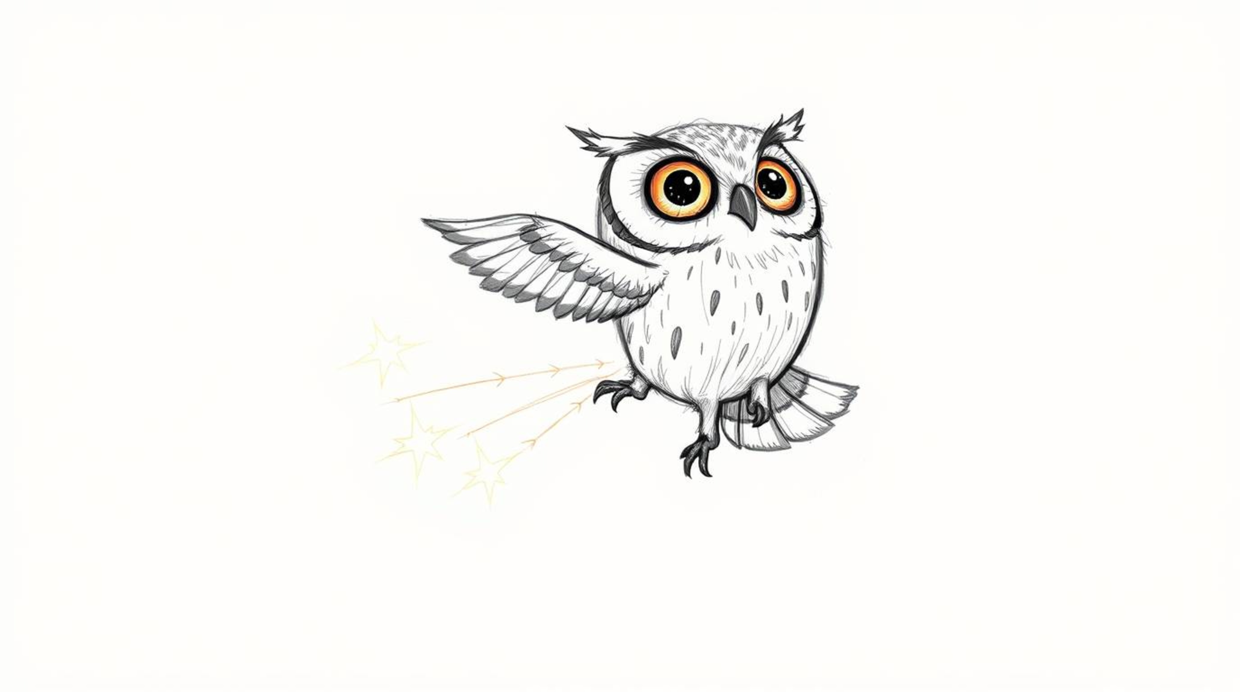 A hand-drawn sketch in the style of Pixar featuring a blind owl mid-flight, embodying a unique and inspiring scene. The owl, 