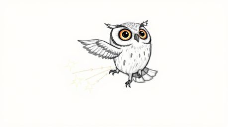 A hand-drawn sketch in the style of Pixar featuring a blind owl mid-flight, embodying a unique and inspiring scene. The owl, 