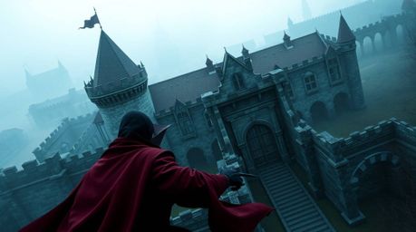 A cunning thief attempts to infiltrate a heavily guarded castle, captured from a high-angle perspective showcasing a sophisti