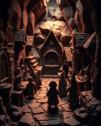Explore a captivating clay sculpture depicting a magical school brimming with young wizards, rendered in high contrast and lo