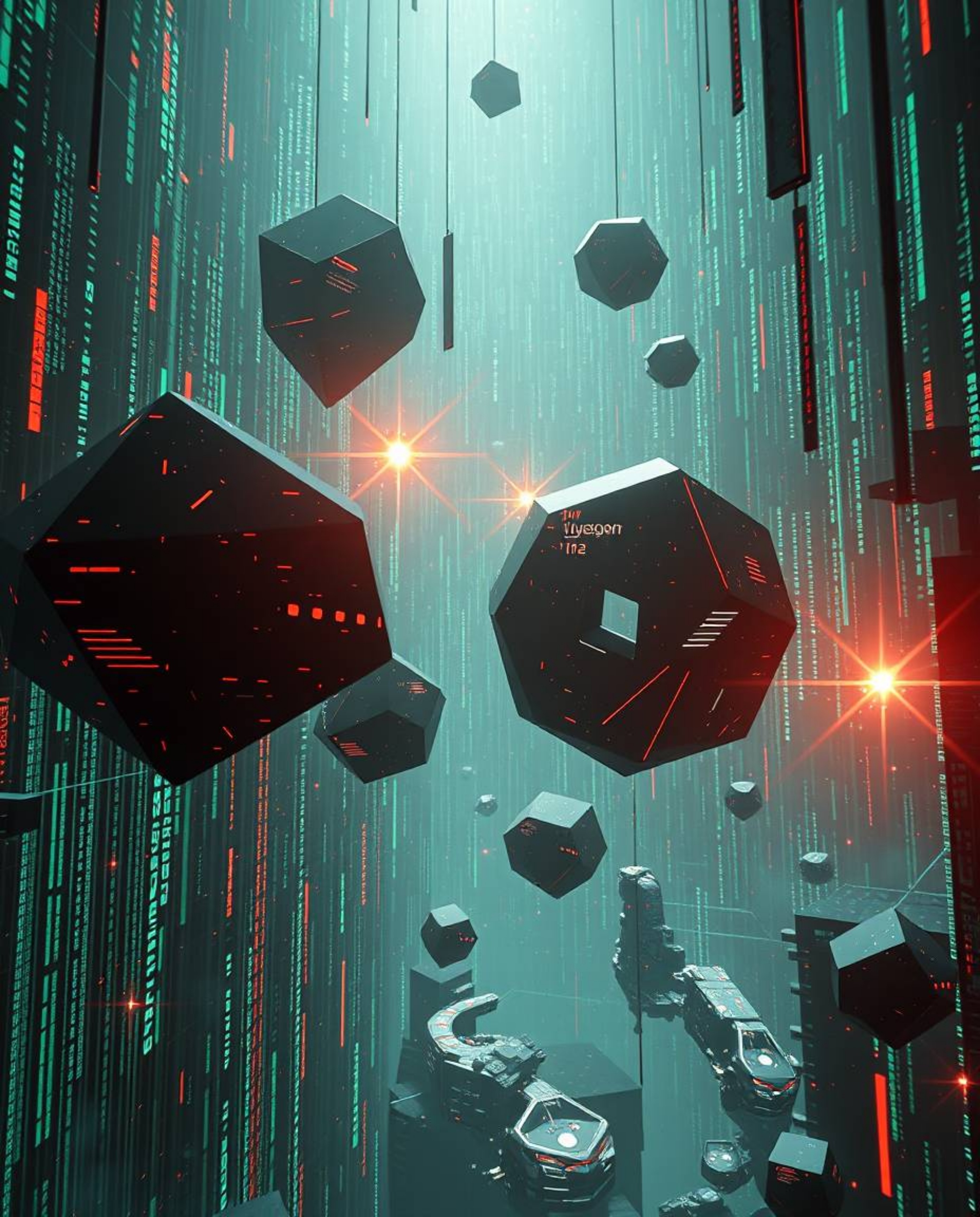 Explore a high-resolution stock photo capturing an epic and grand scene of glitched geometric shapes gracefully floating with
