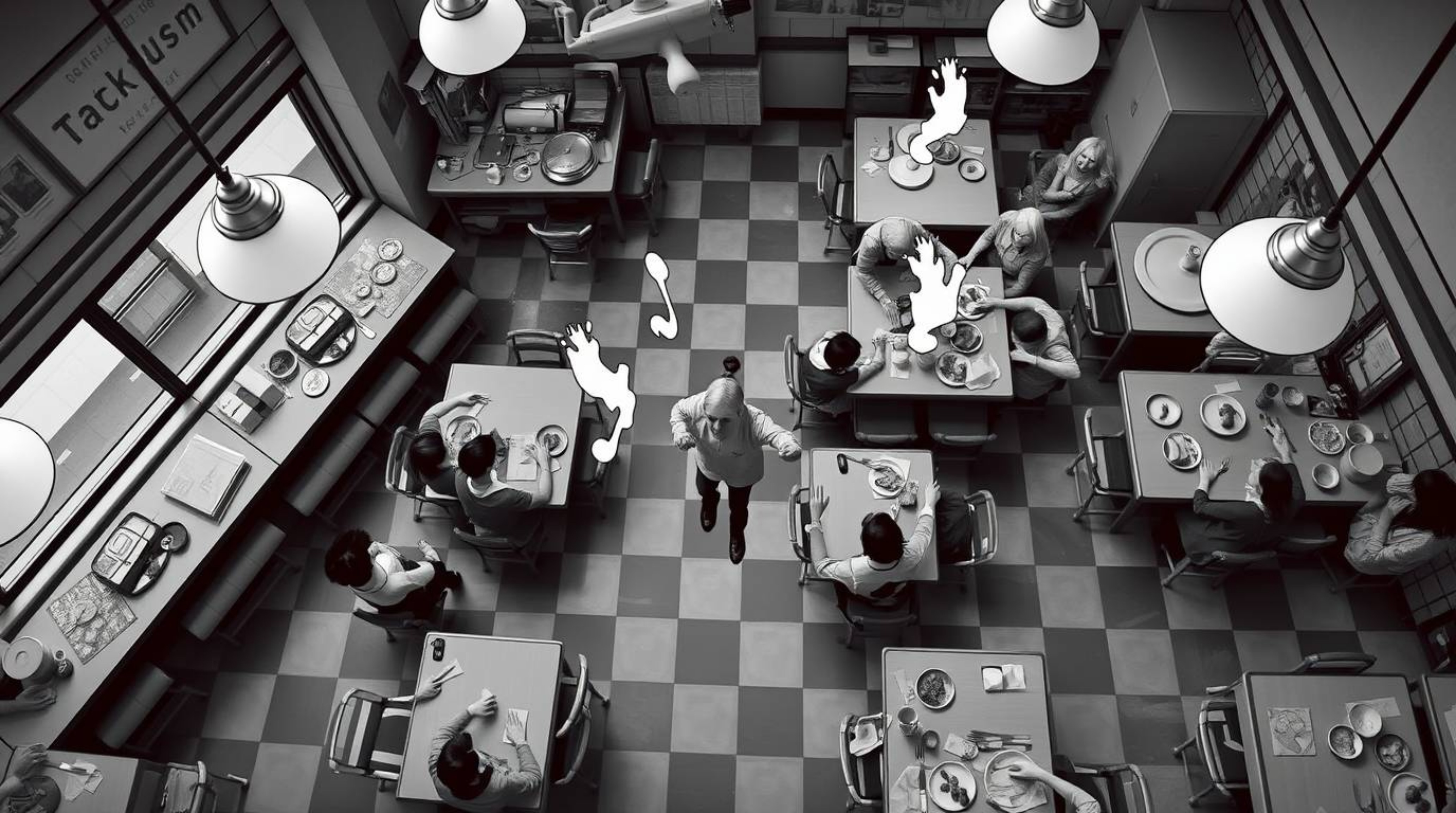 Capture the timeless elegance of a wild food fight in a cartoon cafeteria with this classic black and white overhead bird's-e