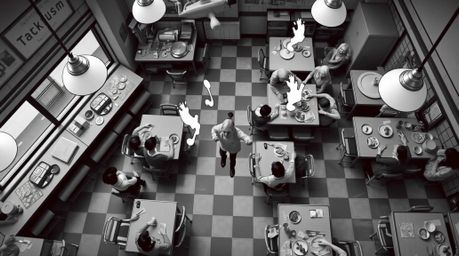 Capture the timeless elegance of a wild food fight in a cartoon cafeteria with this classic black and white overhead bird's-e