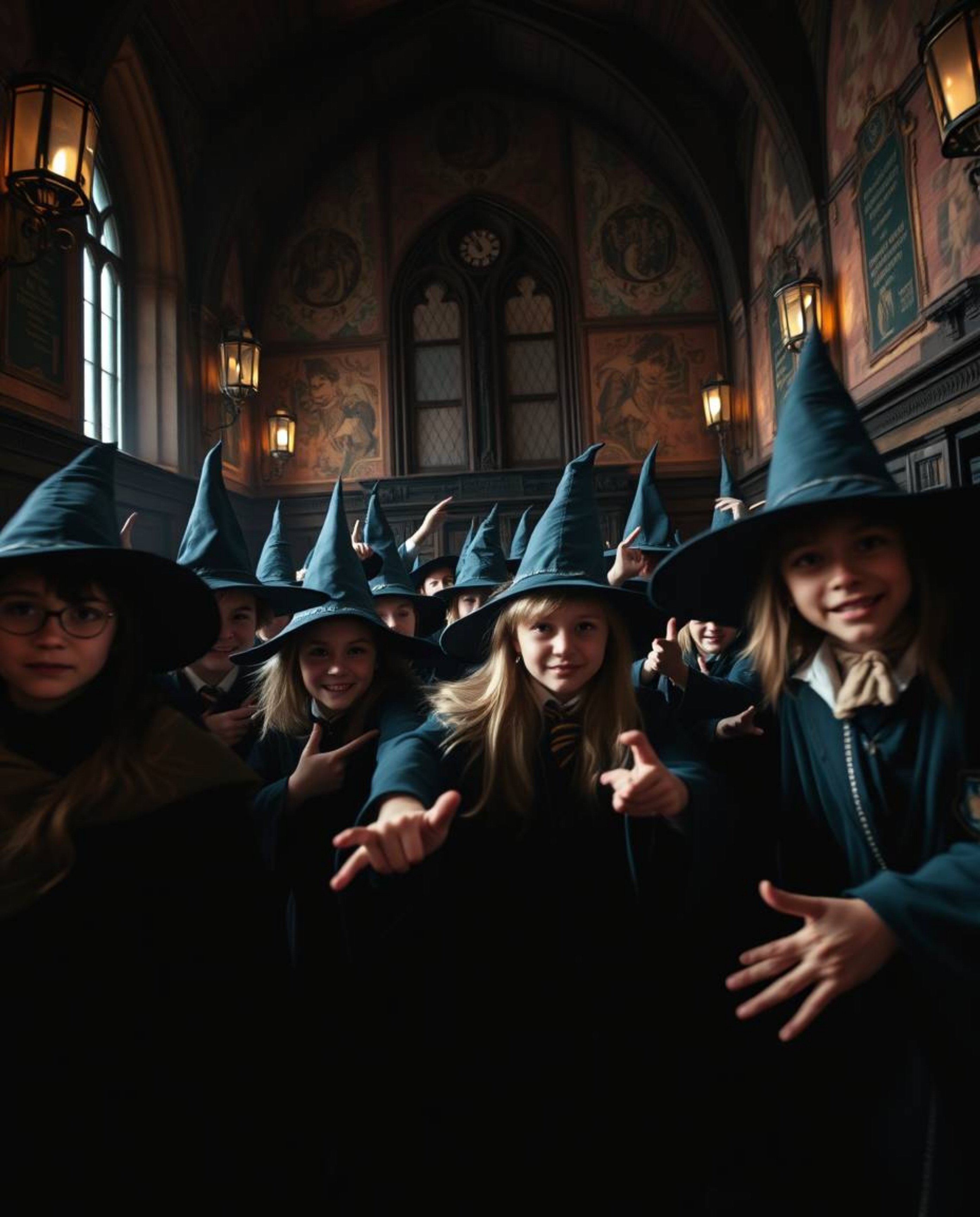 Explore a magical school teeming with young wizards captured in dynamic poses. The scene is brought to life with high contras