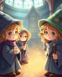 Step into a world of wonder with adorable and charming young wizards attending a magical school. This enchanting scene featur