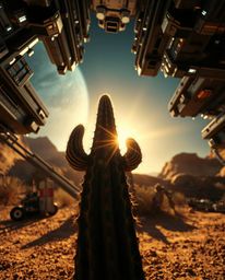 This is a low-angle, futuristic sci-fi scene featuring a desert cactus glowing in the rays of the setting sun. The compositio