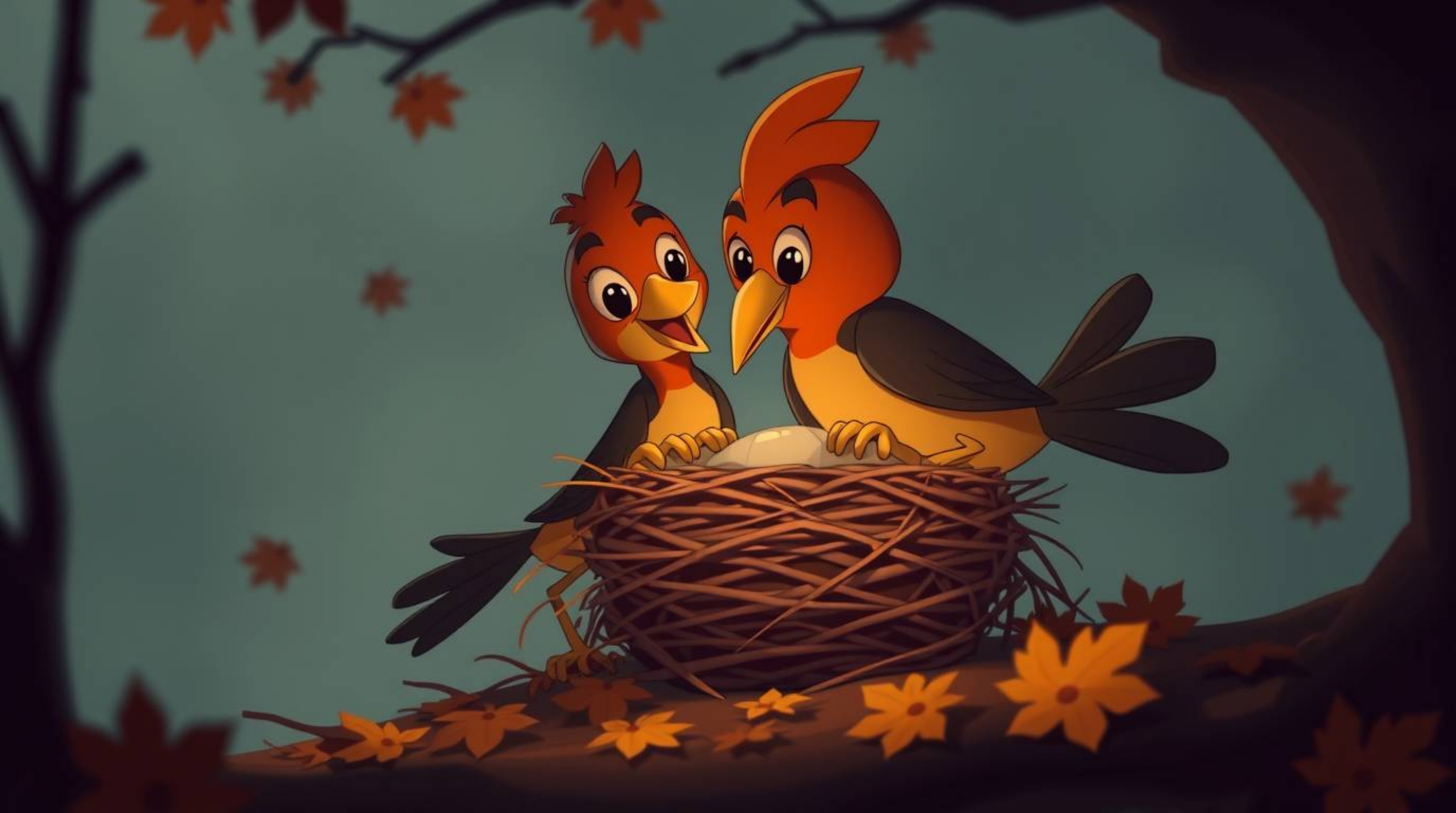 A captivating image showcases two cartoon birds diligently constructing their nest. Rendered in a classic animation style, t