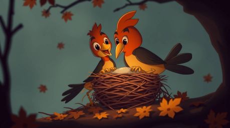 A captivating image showcases two cartoon birds diligently constructing their nest. Rendered in a classic animation style, t