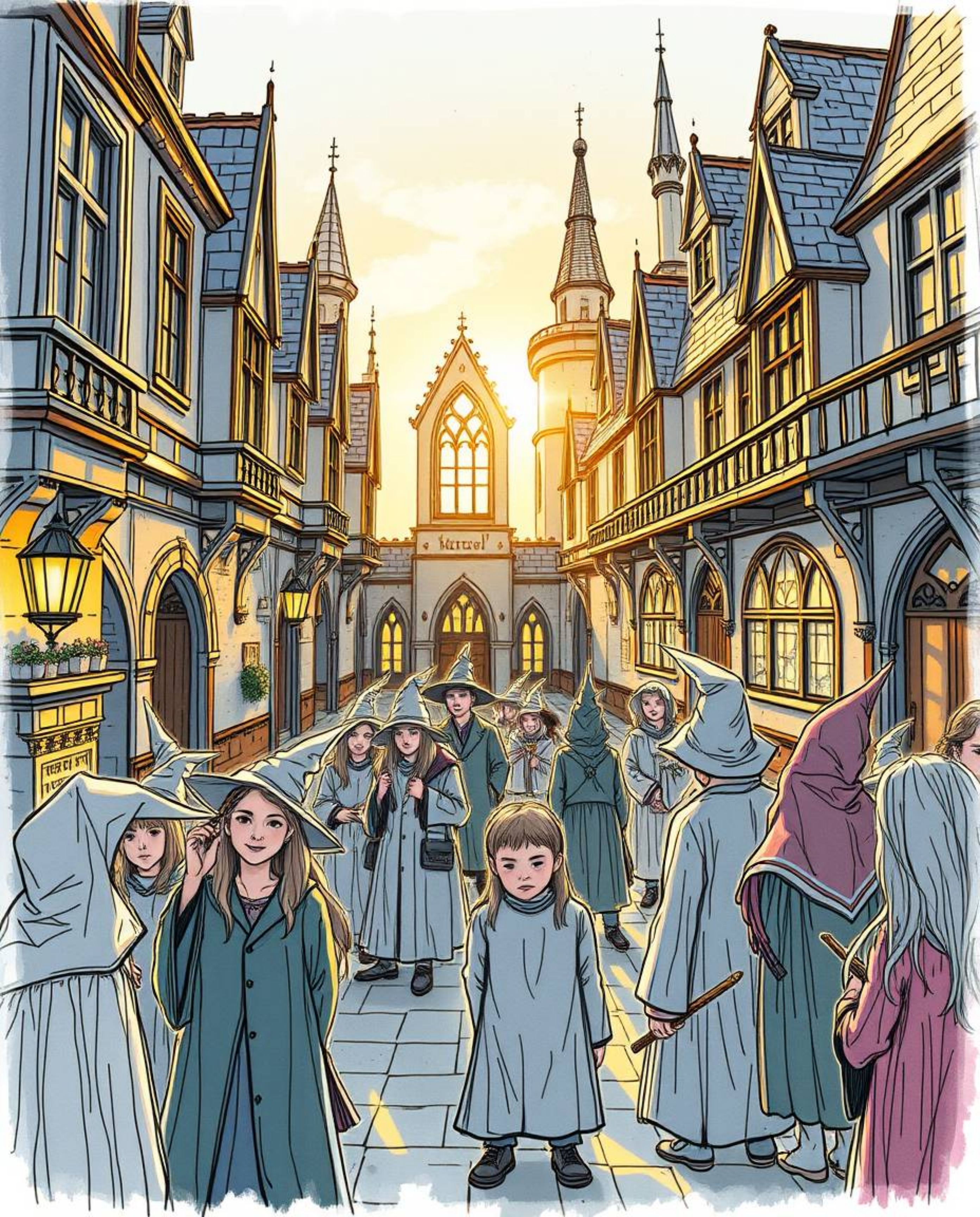 A captivating hand-drawn sketch depicts a magical school brimming with young wizards, bathed in the warm glow of golden hour.