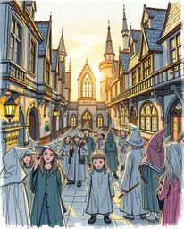 A captivating hand-drawn sketch depicts a magical school brimming with young wizards, bathed in the warm glow of golden hour.