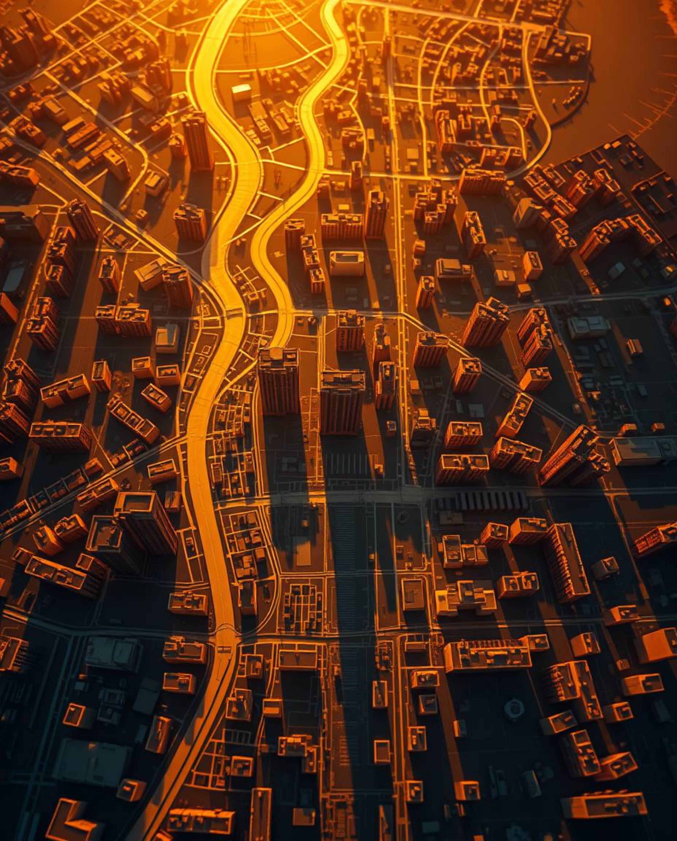 Explore a captivating abstract city map composed of geometric shapes, rendered in a top-down view with a warm golden glow. Th