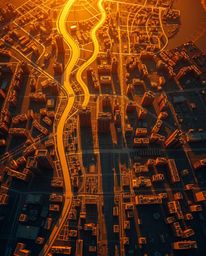Explore a captivating abstract city map composed of geometric shapes, rendered in a top-down view with a warm golden glow. Th