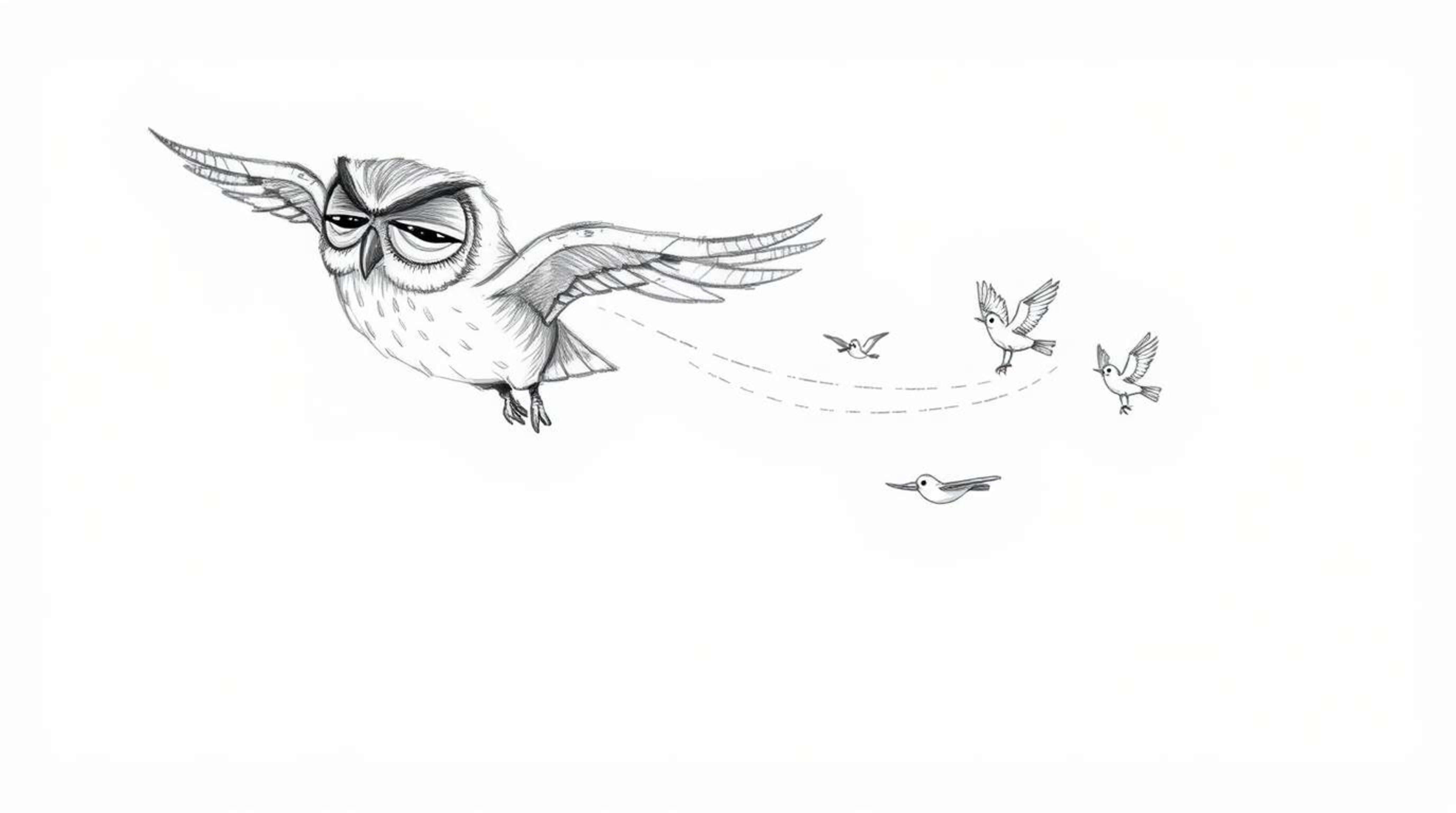 A charming hand-drawn sketch in the style of Pixar depicts a blind owl, eyes gently closed, leading a flock of small birds in