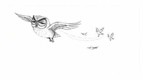 A charming hand-drawn sketch in the style of Pixar depicts a blind owl, eyes gently closed, leading a flock of small birds in