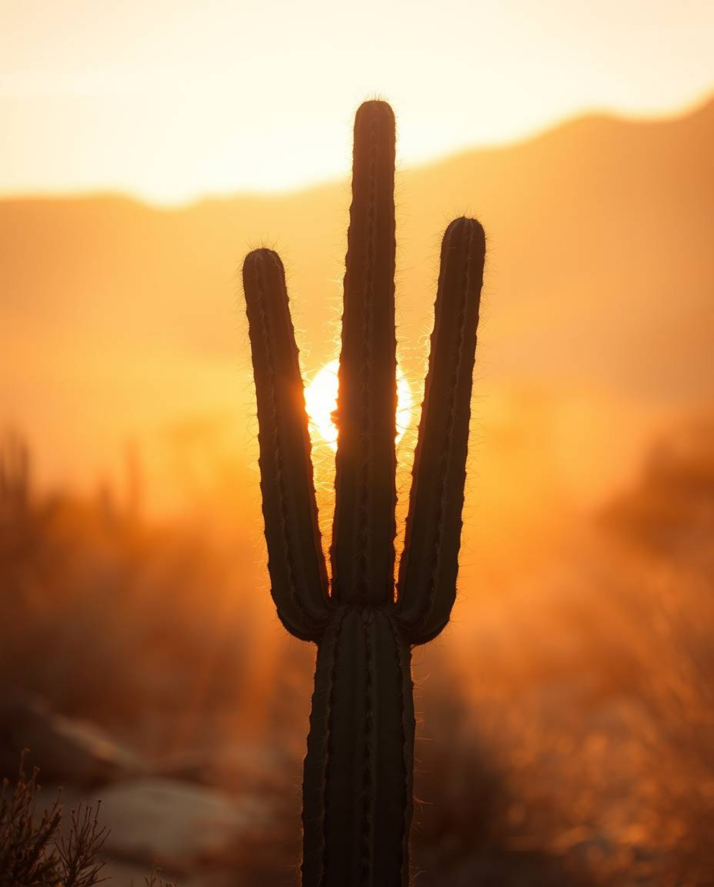 A soft, cinematic haze creates a dreamy atmosphere in this depiction of a desert cactus glowing in the setting sun. The scene