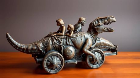 Discover a captivating cast bronze sculpture depicting a prehistoric family enjoying a ride in a dinosaur-shaped car.  Finish