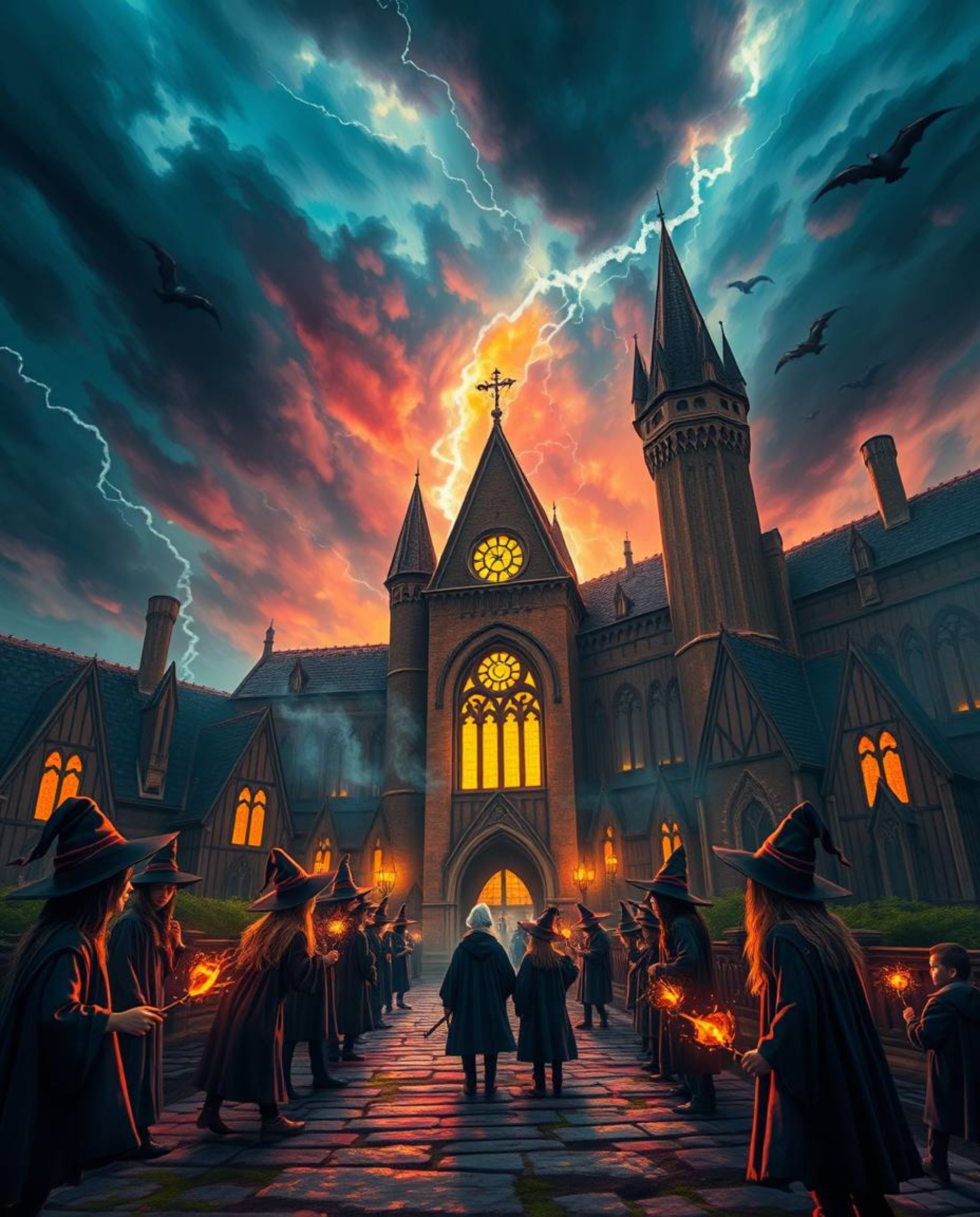 Immerse yourself in a magical school brimming with young wizards, set against a dramatic backdrop of intense weather and vibr