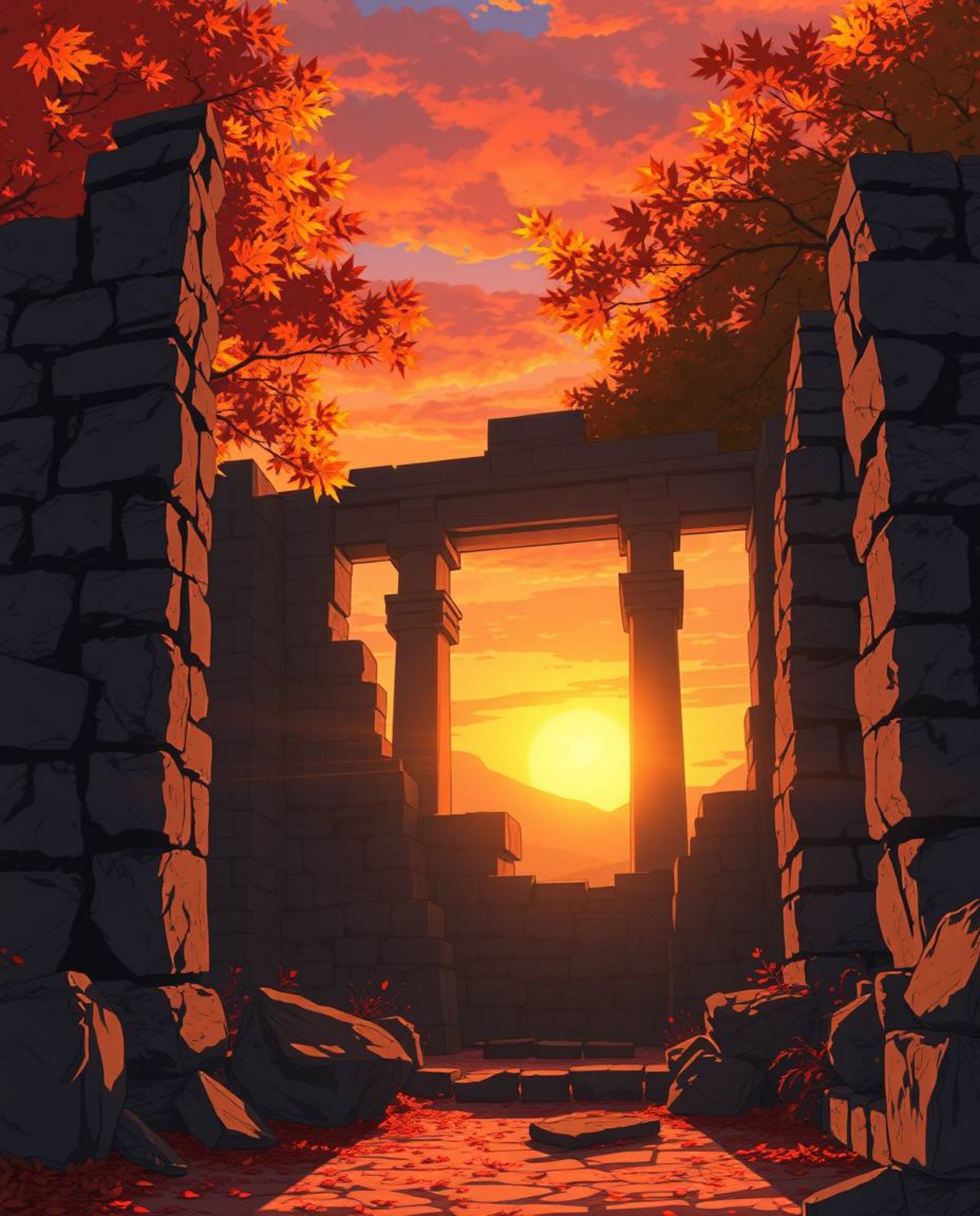 An Isekai anime style illustration captures a sunset casting shadows through ancient stone ruins. The scene is rendered in wa