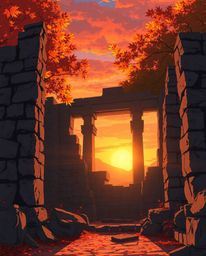 An Isekai anime style illustration captures a sunset casting shadows through ancient stone ruins. The scene is rendered in wa