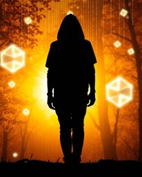 A silhouetted figure stands against a warm autumn backdrop, as glowing geometric shapes float in a glitched cyberspace, remin