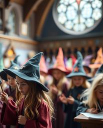 Enter a magical school teeming with young wizards, bathed in soft pastel hues. The scene features a blurred bokeh effect, dra