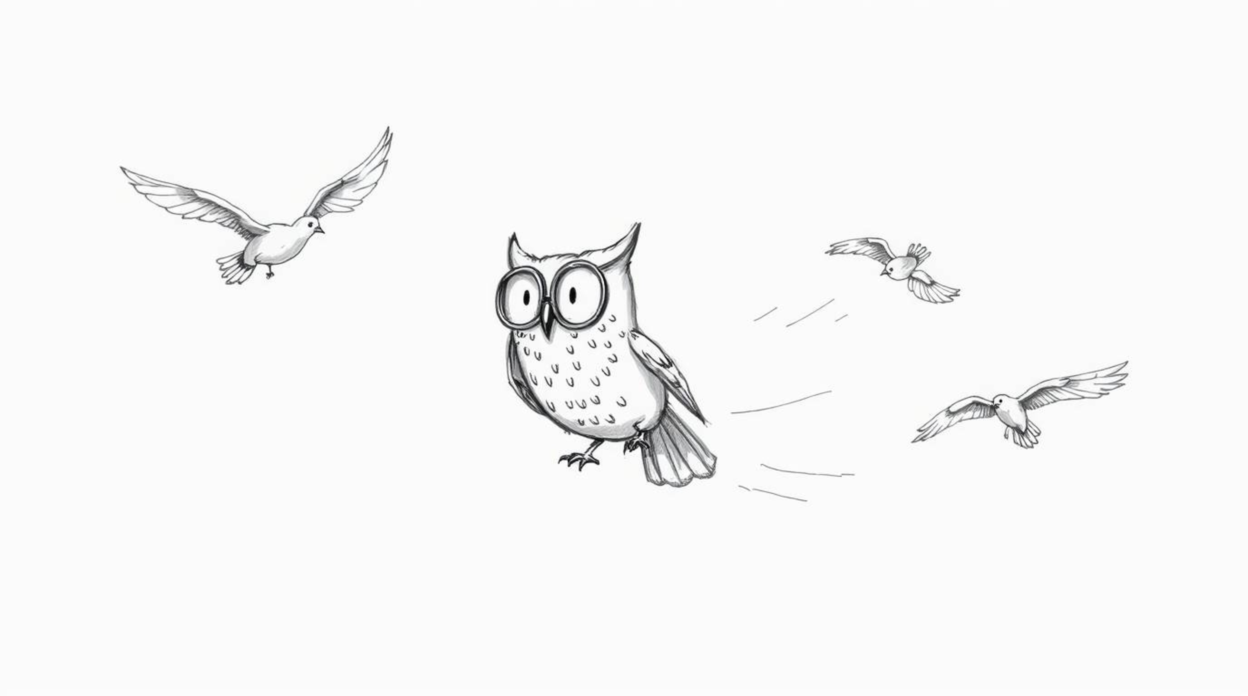 A charming hand-drawn sketch in the style of Pixar depicts a blind owl, wearing large round spectacles, teaching birds to fly