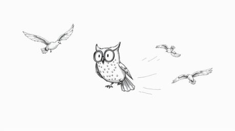 A charming hand-drawn sketch in the style of Pixar depicts a blind owl, wearing large round spectacles, teaching birds to fly