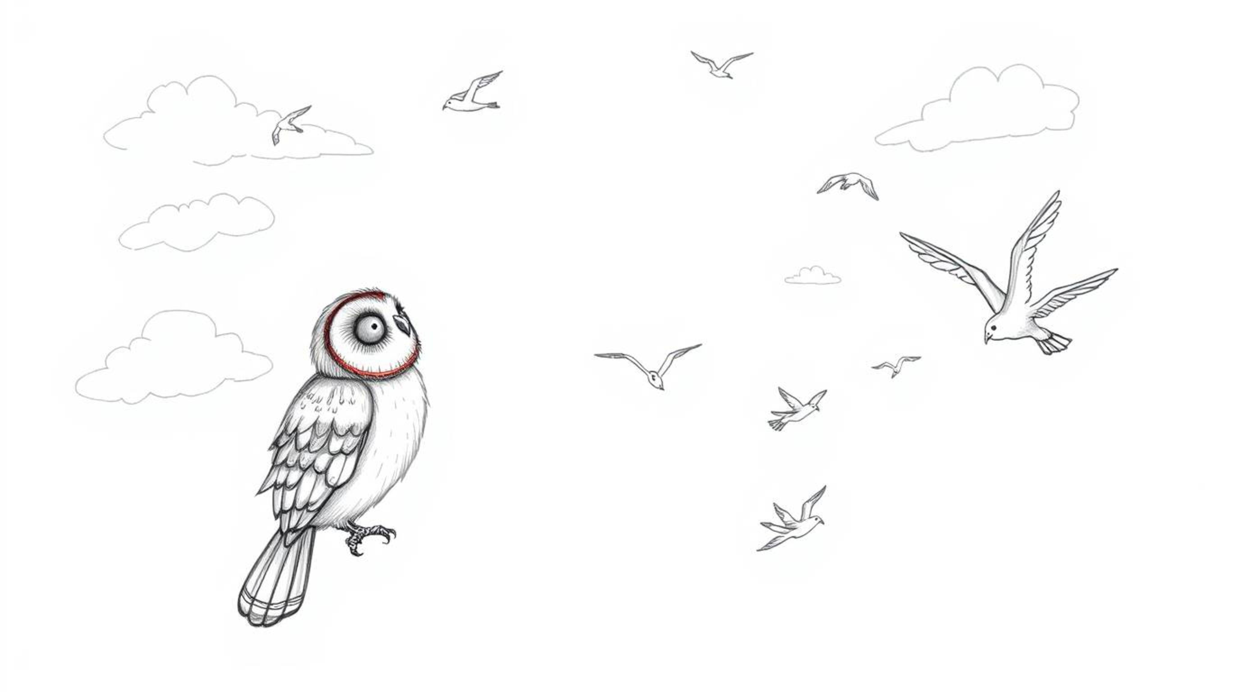 A heartwarming hand-drawn sketch depicts a blind owl, rendered in a charming Pixar-esque style with visible pencil strokes an