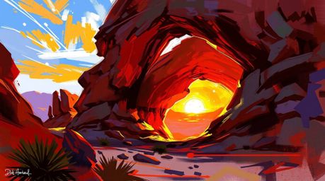 Experience a vibrant and dynamic digital sketch depicting a breathtaking desert sunset viewed through a natural rock arch. Th