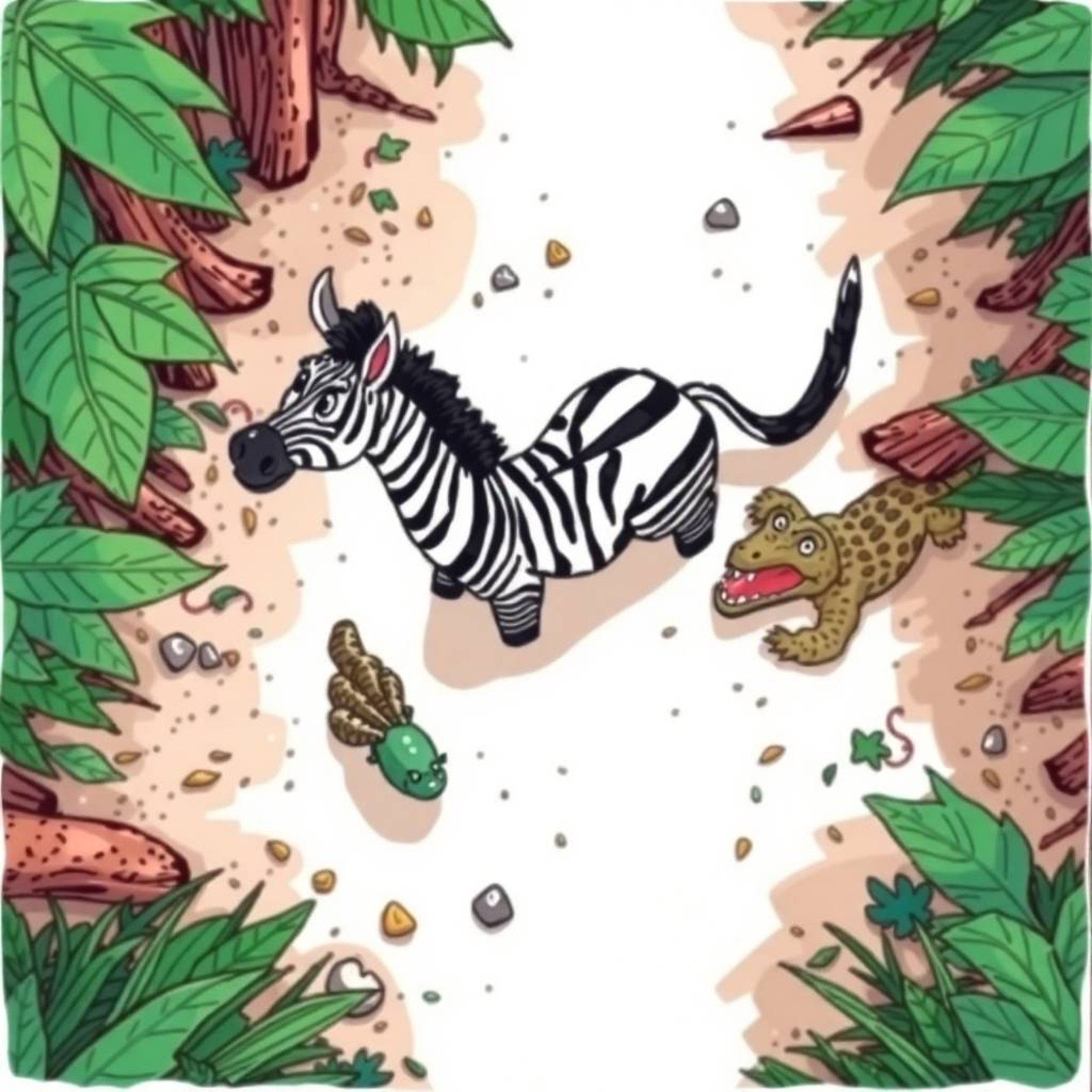 A vibrant, hand-drawn sketchnote depicting a humorous scene: a 3D cartoon zebra cleverly escaping a menacing crocodile in a l