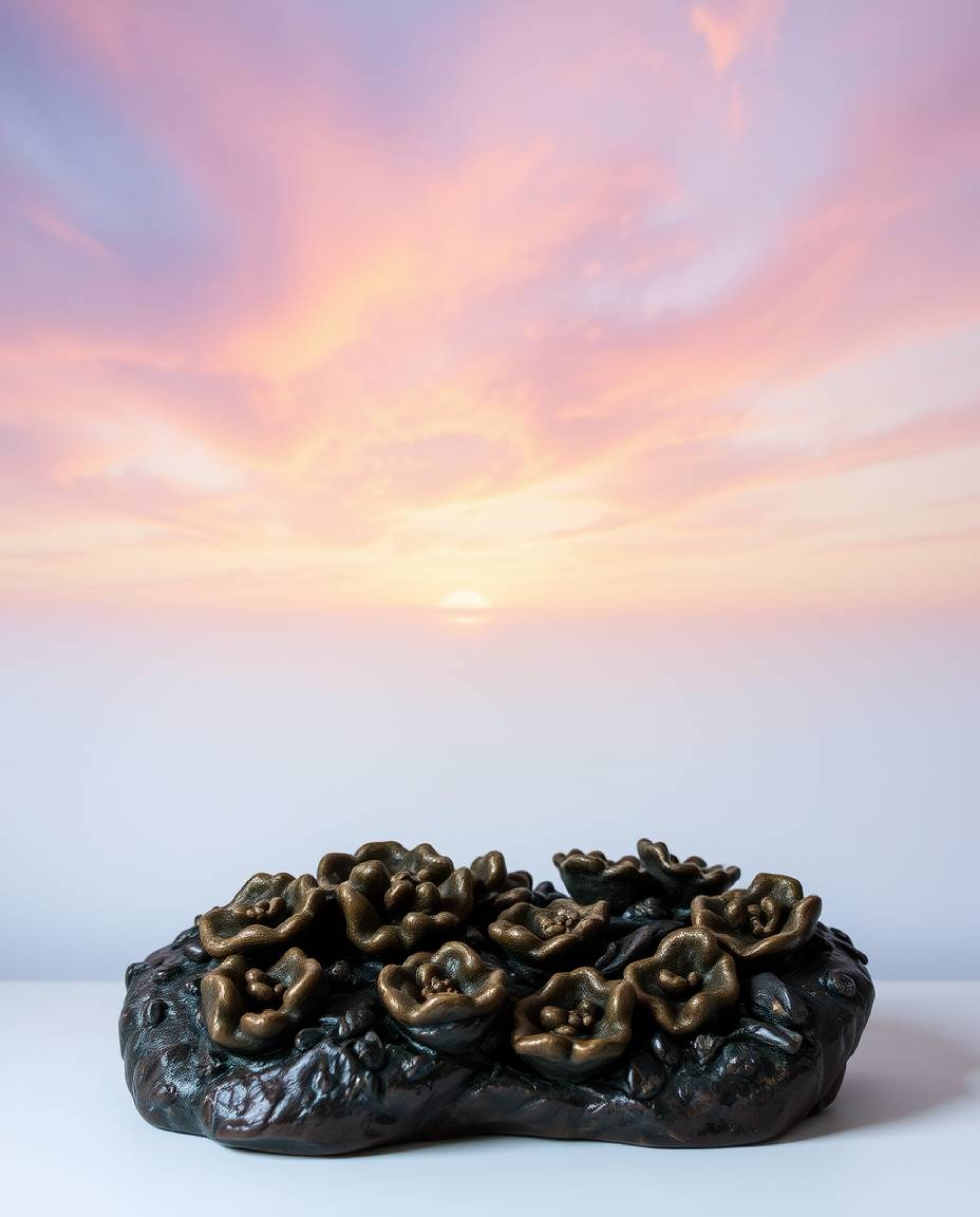 A cast bronze sculpture captures a colorful sky over a coral reef at low tide, enveloped in a soft, dreamy atmosphere. The pi