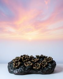 A cast bronze sculpture captures a colorful sky over a coral reef at low tide, enveloped in a soft, dreamy atmosphere. The pi