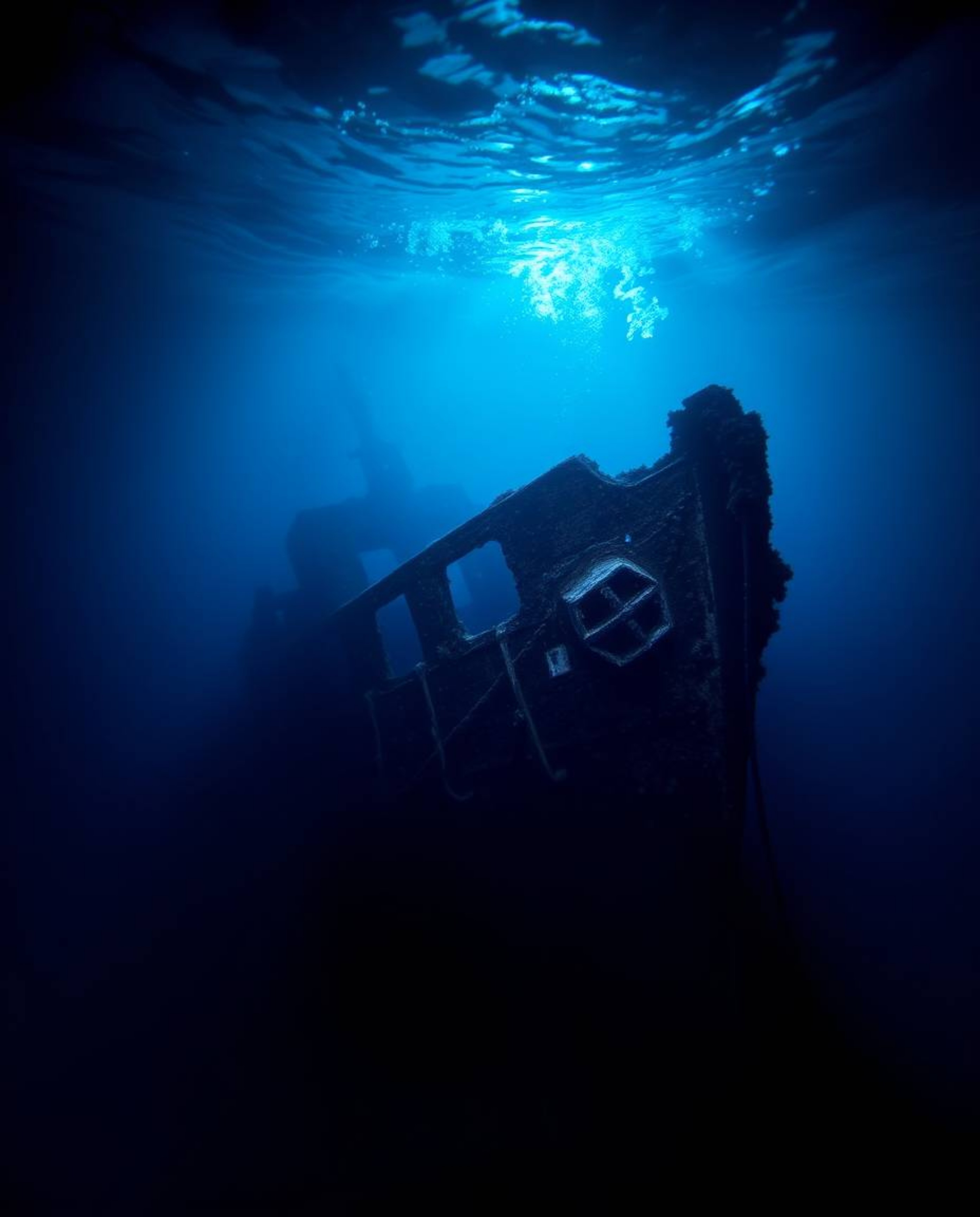 A dramatic underwater scene featuring a shipwreck illuminated with high contrast, low key lighting. Cool blues, greens, and p