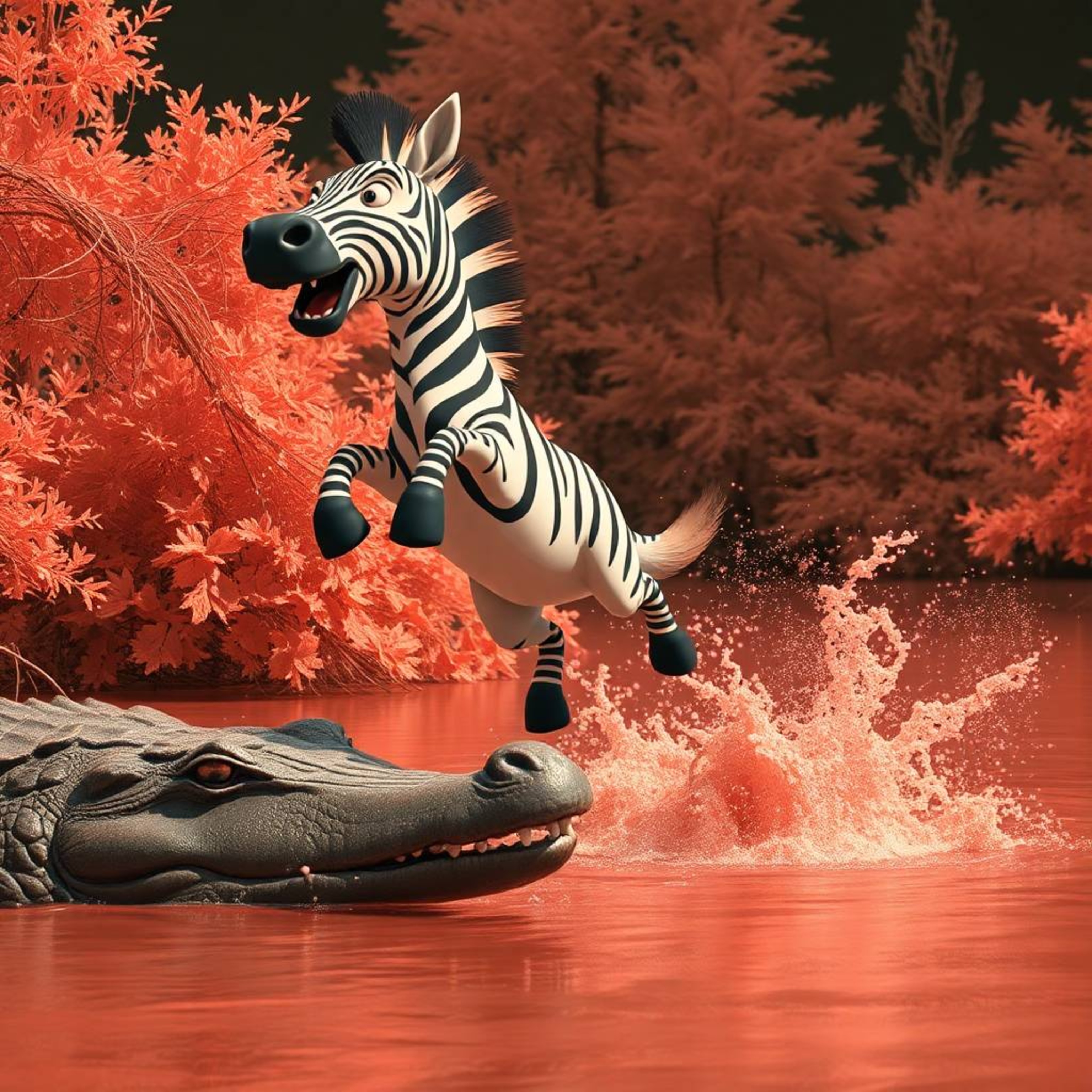 A surreal scene unfolds with infrared tones, reminiscent of an Isekai anime. A 3D cartoon zebra, filled with fear and alertne