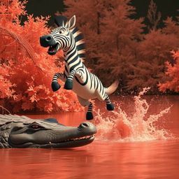 A surreal scene unfolds with infrared tones, reminiscent of an Isekai anime. A 3D cartoon zebra, filled with fear and alertne