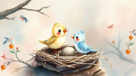 A captivating watercolor painting depicts two adorable cartoon birds meticulously constructing their nest. Rendered in a cla