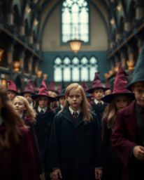 Immerse yourself in the enchanting atmosphere of a magical school teeming with young wizards. The scene is beautifully rende