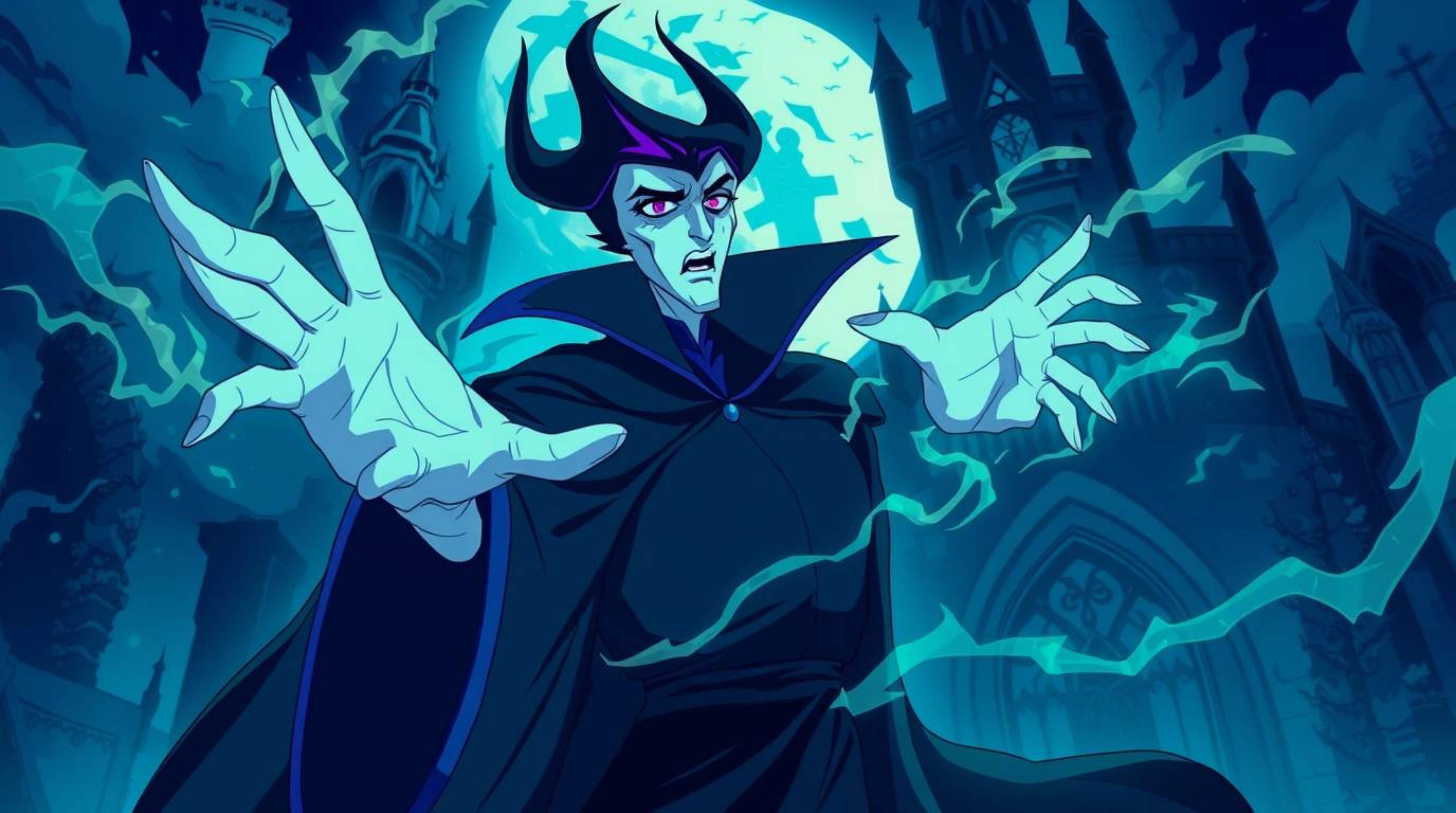 Explore a unique isekai anime illustration featuring a classic Disney villain with sharp features and pale skin, casting a po