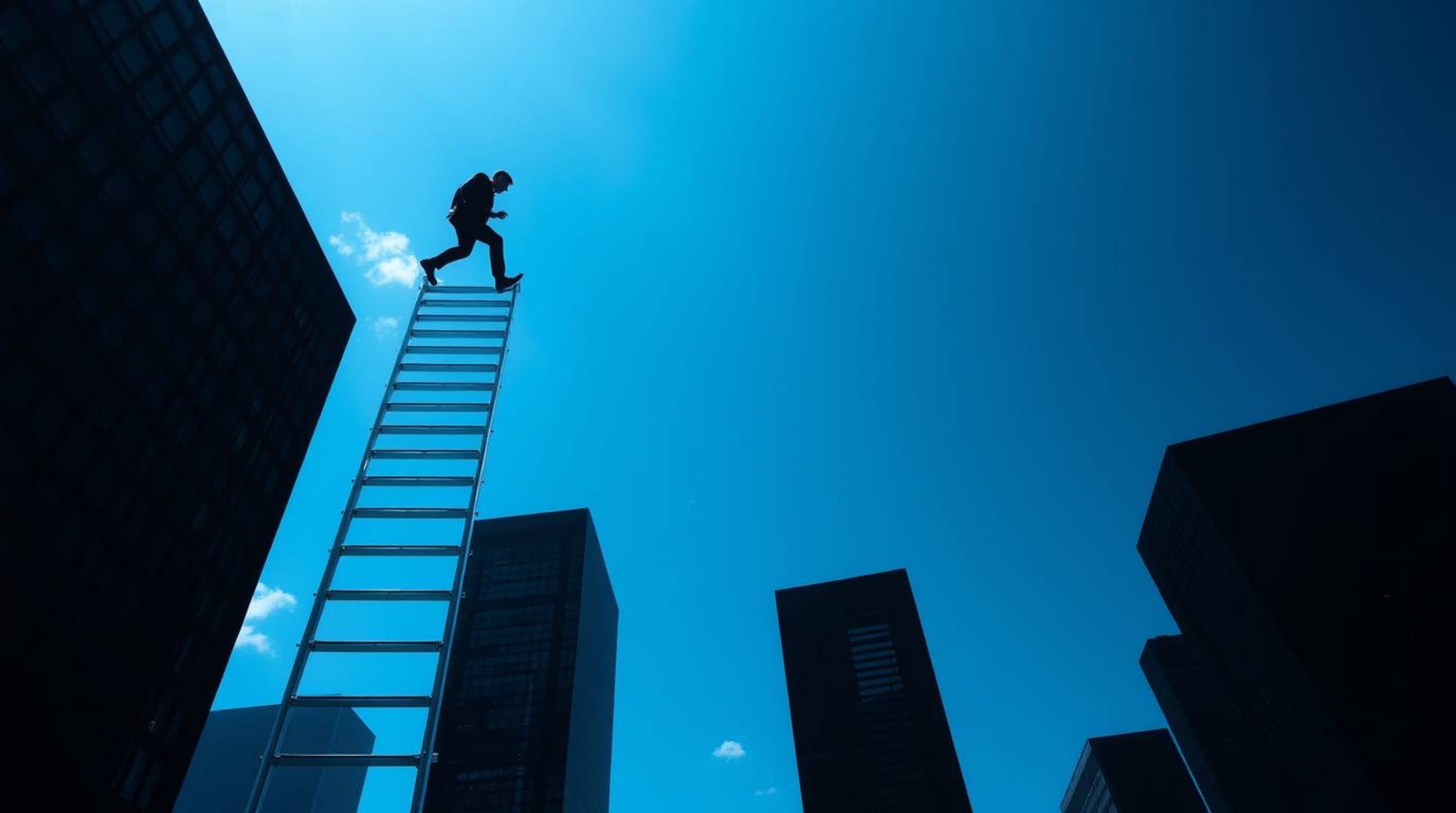 An abstract image depicts a businessman ascending a transparent ladder disappearing into a deep blue sky above skyscrapers. R