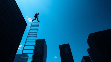 An abstract image depicts a businessman ascending a transparent ladder disappearing into a deep blue sky above skyscrapers. R