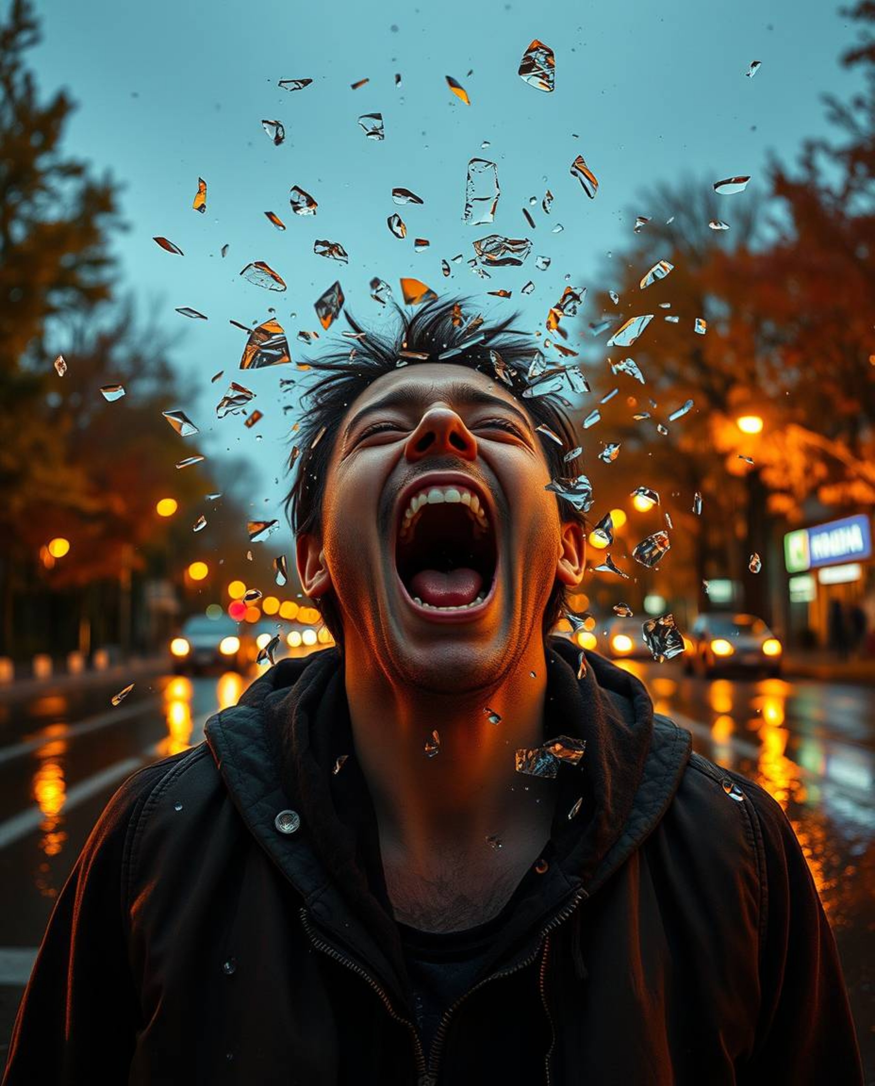 A visually striking digital artwork depicting a person's emotional distress as their reality disintegrates into a mosaic of p