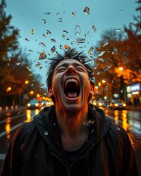 A visually striking digital artwork depicting a person's emotional distress as their reality disintegrates into a mosaic of p