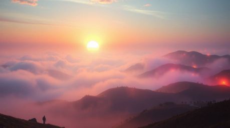 A stunning futuristic sci-fi digital painting depicts ethereal, fog-covered hills at sunset.  Vivid electric colors, light au