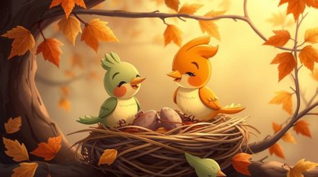 This artwork depicts two cartoon birds diligently building a nest in a charming, classic animation style. The scene is bathed