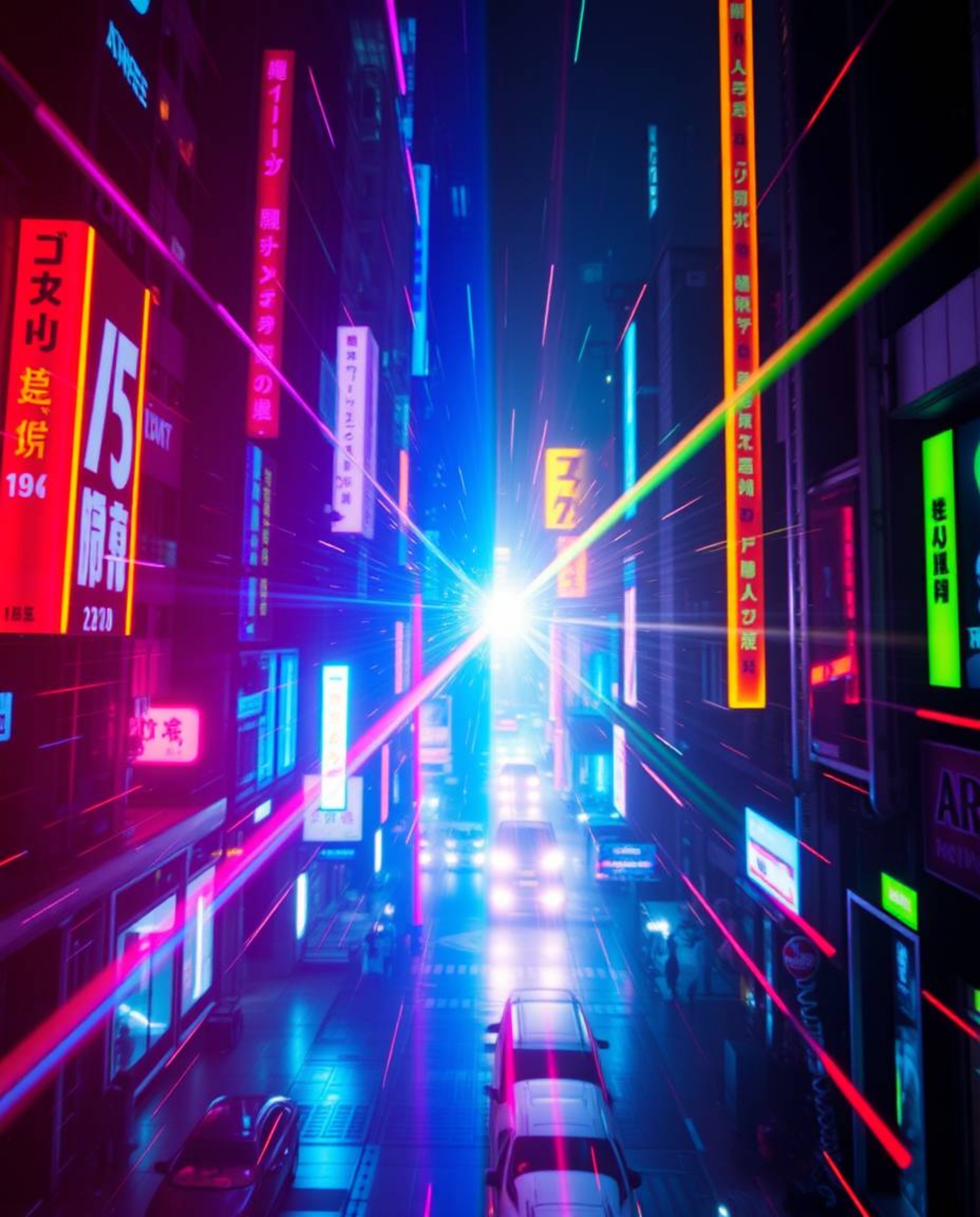 Immerse yourself in a futuristic cityscape bathed in vibrant neon splashes and defined by a distinct split lens flare. This c