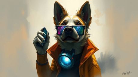 This captivating digital sketch portrays a dynamic dog detective equipped with high-tech gadgets, enveloped in an ethereal vi