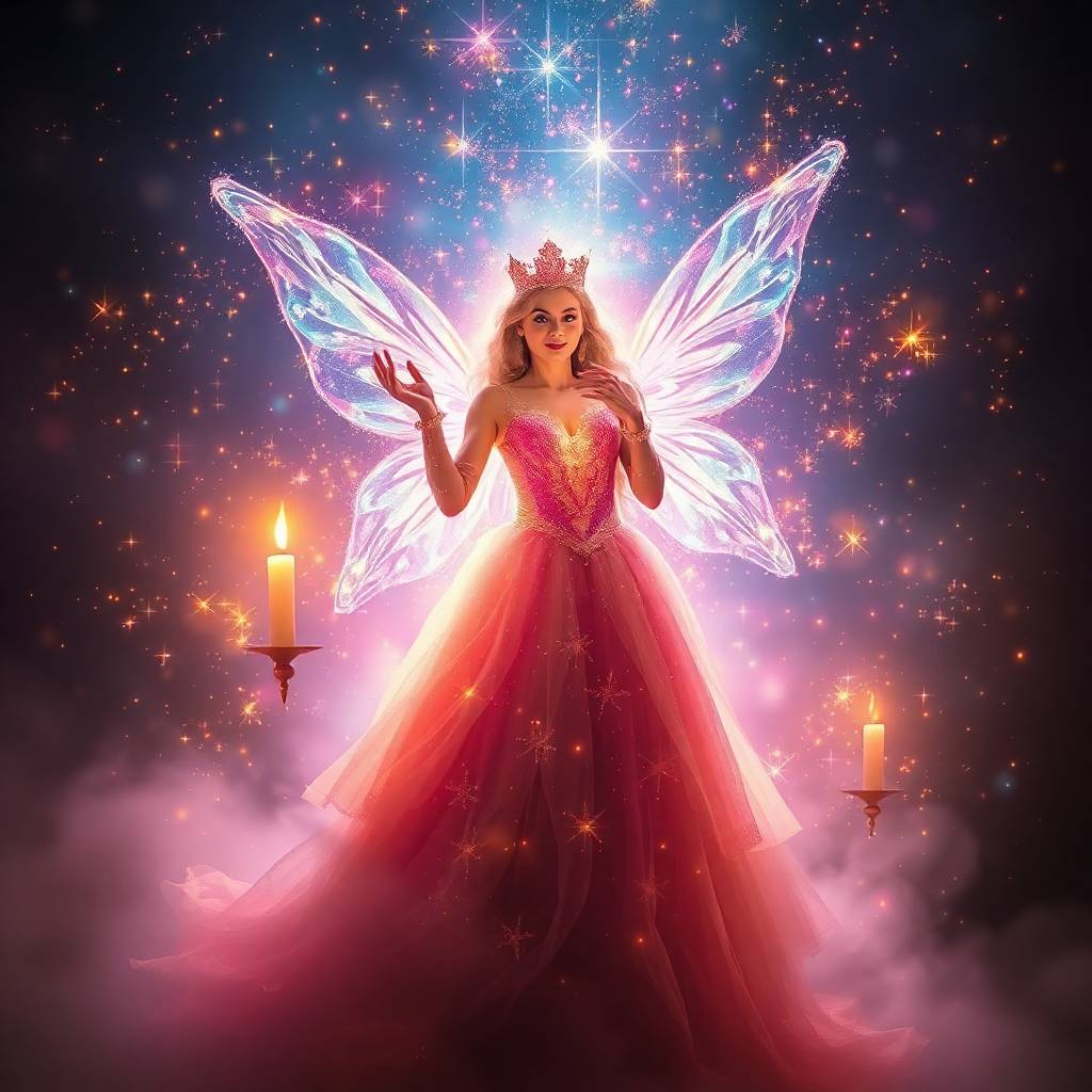 A radiant fairy godmother materializes in a dazzling swirl of electric-vivid sparkles and flickering candlelight, enveloped i